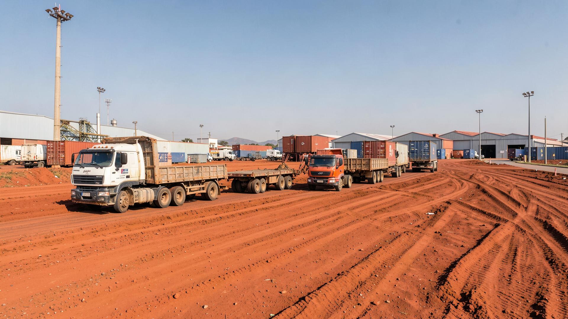 Pátio industrial com solo estabilizado e camiões pesados