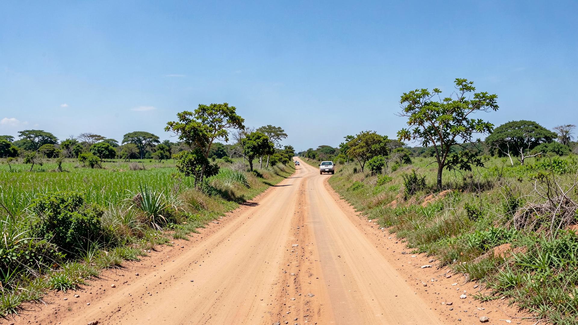 Estrada rural estabilizada entre campos verdes em Angola