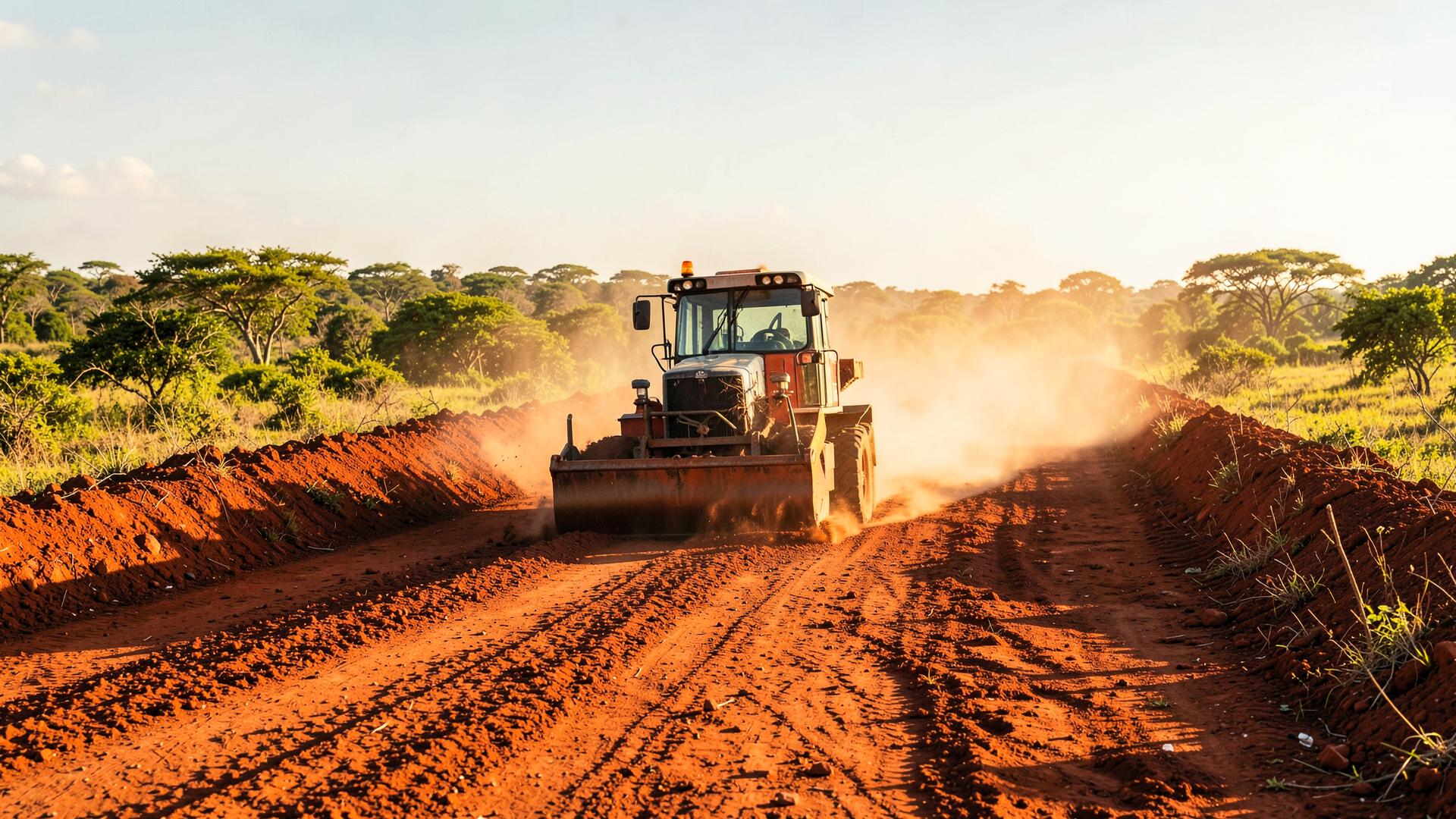 Motoniveladora a trabalhar numa estrada de terra vermelha em Angola